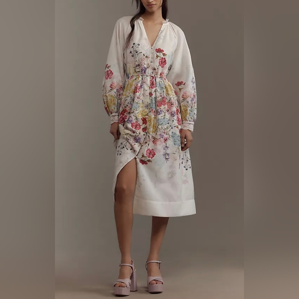 New Anthropologie Let Me Be Long Sleeve V-neck Floral A-Line Midi Dress Size XL